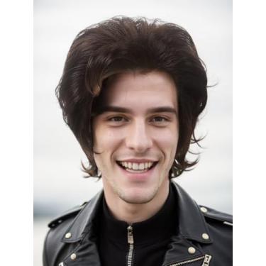 Imagem de MEDISIFA Peruca masculina marrom escuro curta anos 80 Rocker Perucas para homens com camada sintética de cabelo masculino masculino masculino 70 festa discoteca fantasia cosplay anime perucas