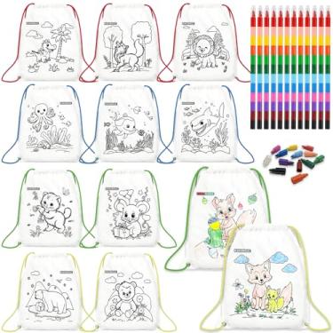 Imagem de HahaMagic Mochila de 12 peças coloridas com cordão para crianças com 12 giz de cera empilháveis (12 cores em uma), adequada como presente de devolução para crianças, sacolas de presente de aniversário
