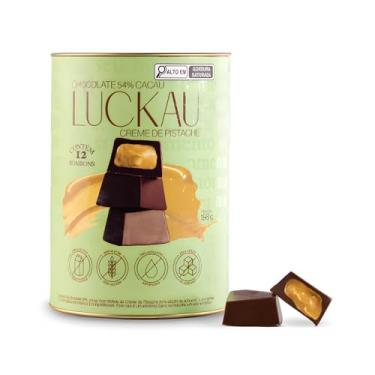Imagem de Bombom Luckau Chocolate 54% Cacau Recheado com Creme de Pistache Lata com 12 unidades - Sem Glúten, Sem Lactose e Sem Açúcar - 198g