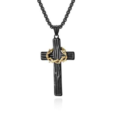Imagem de Colar de cruz para homens, espinhos, cruz, aço inoxidável, preto, ouro, prata, crucifixo de Jesus Cristo, colares com pingente de fé, joia religiosa, presente, Medium, Aço inoxidável, Sem Pedra