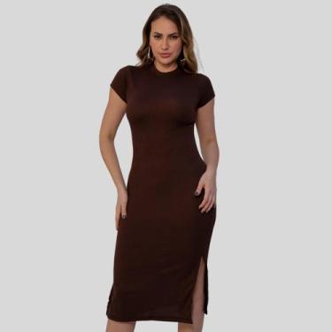 Imagem de Vestido Feminino Midi Canelado Casual Básico Modelador Com Manga Curta