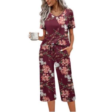 Imagem de Conjunto de pijama feminino Ekouaer de manga curta de algodão com calç