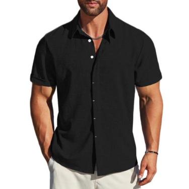 Imagem de Camisa masculina MAPICK de linho com botões preta de manga curta 3GG