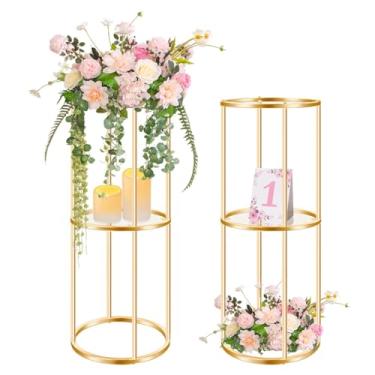 Imagem de kolnlala Conjunto de suportes de flores com pedestal de cilindro de metal de 2 camadas, expositor de prateleira de acrílico de metal alto para centros de mesa de casamento, expositores de vasos