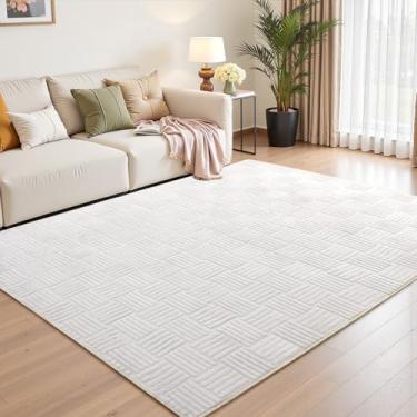 Imagem de Tapete felpudo moderno, 1,2 x 1,8 m, branco creme, tapete lavável para sala de estar, quarto, tapete macio e grosso, tapete texturizado geométrico antiderrapante, perfeito para cabeceira, entrada,
