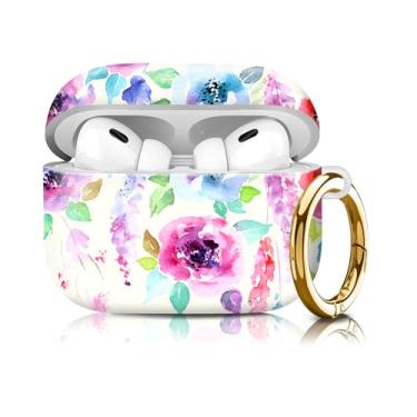 Imagem de Compatível com AirPod Pro 2ª/1ª geração, capa rígida resistente leve e durável com chaveiro, capa para AirPod com design elegante para mulheres (buquê de aquarela)