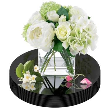 Imagem de Pratos de centro de mesa espelhados redondos, vidro acrílico, pacote com 12, bandeja circular decorativa para mesa de casamento, festa, decoração de Natal (preto-25,4 cm)