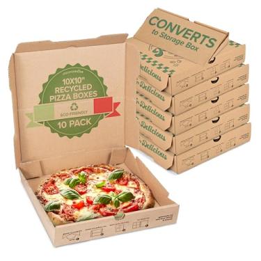 Imagem de Stock Your Home Embalagem com 10 caixas de pizza recicladas, 25 x 25 cm, pratos embutidos e recipiente conversível, caixas de pizza resistentes 25 x 25 cm para pequenas pizzas pessoais, caixa de pizza