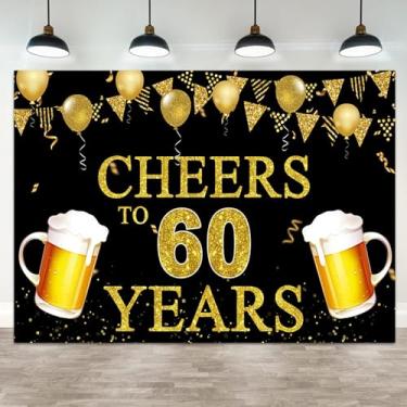 Imagem de ASDCXZ 2,1 x 1,5 m, pano de fundo para fotografia de aniversário de 60 anos, bandeira de balão dourado, cerveja, homens, mulheres, aniversário de 60 anos, decoração de festa de aniversário, adereço de