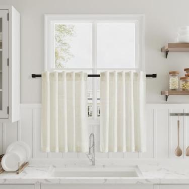 Imagem de Cortinas de linho bege quente café 61 cm de comprimento privacidade filtragem de luz semitransparente porta frontal pequena cortina traseira bolso haste cortinas curtas plissadas para banheiro cozinha