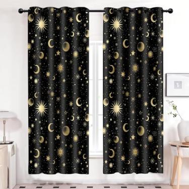 Imagem de EOTDMS Cortinas com tema espacial para meninos, preto e dourado, estrelas, lua, sol, céu estrelado, blecaute, para quarto de meninos, quarto de criança, quarto de bebê, sala de estar, 106 x 213 cm, 2