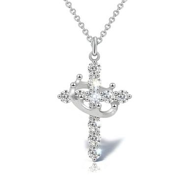 Imagem de Poevic Colar de cruz grande com coroa rotativa para mulheres, ouro 14 k, zircônia cúbica, pingente de cruz, presente de Páscoa, fé cristã, Middle, Aço inoxidável, Zircônia cúbica