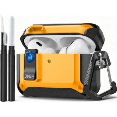Imagem de Compatível com AirPods Pro 3 Case Lock 2025, capa protetora à prova de choque para AirPods iPod Pro 3ª geração para homens e mulheres com kit de limpeza e mosquetão preto/amarelo