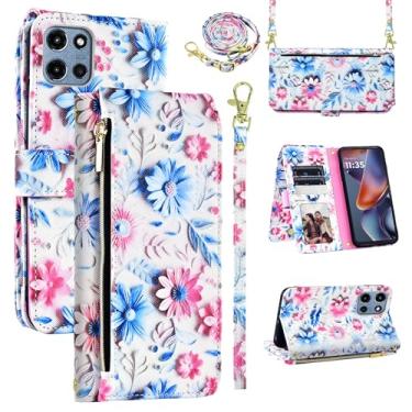Imagem de Dswteny Capa carteira para Motorola Moto G 5G 2025 com alça de pulso removível, zíper floral couro PU suporte suporte para cartão acessórios capa de celular para G5G 5 G G5 mulheres homens rosa