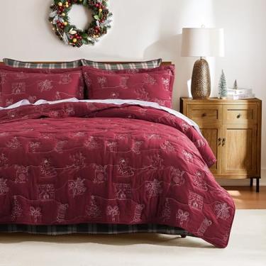 Imagem de WDCOZY Conjunto de cama king size de Natal com 2 fronhas, colcha leve, colcha vermelha, rena, Papai Noel, estampa de árvore de Natal, edredom para todas as estações, decoração de casa