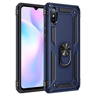 Imagem de SORAKA Capa para Xiaomi Redmi 9A com suporte de anel, capa protetora Redmi 9A, capa traseira de policarbonato rígido com placa de metal para suporte magnético de telefone e carro, azul