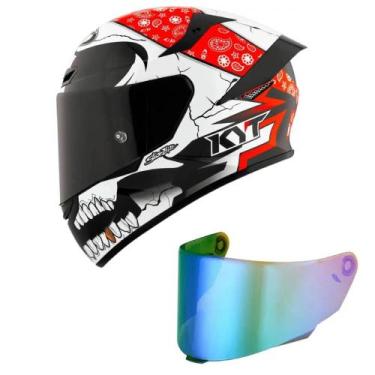 Imagem de Capacete KYT TT Course Pirate Branco e Vermelho Mais Viseira Camaleão,