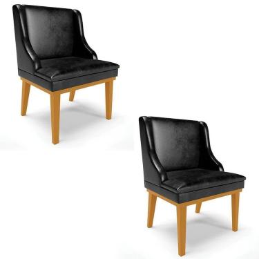 Imagem de Kit 2 Cadeiras Estofadas Base Fixa De Madeira Castanho Lia Sintético Premium Preto - Ibiza