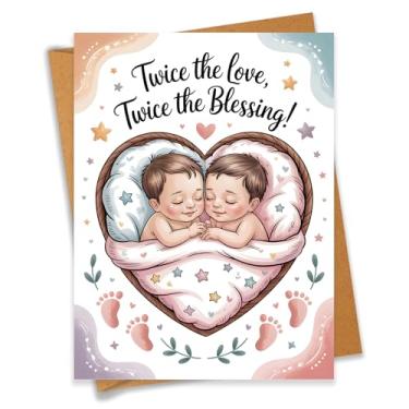 Imagem de Twice the Love Twice the Blessing Twins Cartão de chá de bebê presente de gravidez para mãe grávida pai recém-nascido parabéns novos pais - Tamanho 16 x 12 cm em branco dentro com envelope Kraft