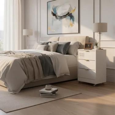 Imagem de Mesa De Cabeceira Branca 50cm com 3 Gavetas Para Quarto Lateral de Cama e Escritório Gaveteiro Organizador Já Montado (Com Rodinhas, Puxador Dourado)