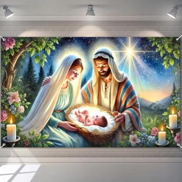 Imagem de BlissYard Pano de fundo de presépio de Natal Sagrada Família Bebê Jesus Manjedoura Faixa de fundo para fotografia de 188 x 109 cm para decorações religiosas para festas de fim de ano, decoração de