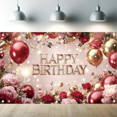 Imagem de Saoplasa Banner vermelho e dourado de feliz aniversário, balões de rosas elegantes, decoração de festa de aniversário, adereços para cabine de fotos, suprimentos 188 x 109 cm