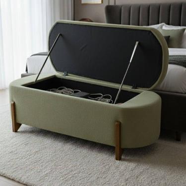 Imagem de Banco Baú Organizador Estofado Orgânico Milão Peseira 1,40 Bouclê Verde Oliva - Montanari`s Decor