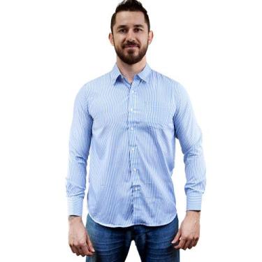 Imagem de Camisa Social Masculina Listrada Manga Longa Camisaria Colombo Azul Ma