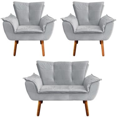 Imagem de Conjunto 2 Poltronas e 1 Namoradeira Pés Palito Charger Veludo Cinza - Gran Belo