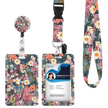 Imagem de Porta-crachá de identificação com cordão retrátil e chaveiro, carretel de crachá com clipe de mosquetão giratório, rosa selvagem, roxo, margarida, cartão de nome, etiqueta, cordão protetor de