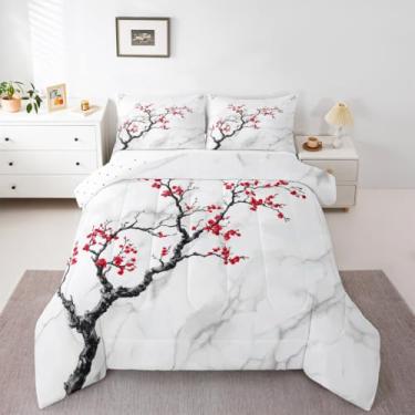 Imagem de Erosebridal Conjunto de cama casal com flor de cerejeira, 3 peças, mármore branco e cinza, para meninas, mulheres, flor vermelha, floral, estilo japonês, conjunto de edredom com tema botânico, macio