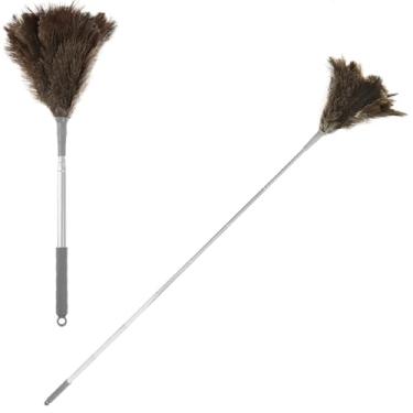 Imagem de Espanador extensível de penas de avestruz de 45,7 cm a 129,5 cm de altura ajustável espanador de penas com cabo de plástico ferramenta de remoção de poeira doméstica retrátil para limpeza de móveis