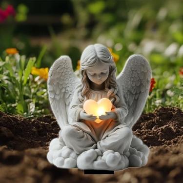 Imagem de Estaca de jardim de acrílico em forma de coração e anjo de luz eterna, decoração peculiar boêmio para quintais e vasos de plantas para decoração de cemitérios, presentes memoriais, arte de jardim de