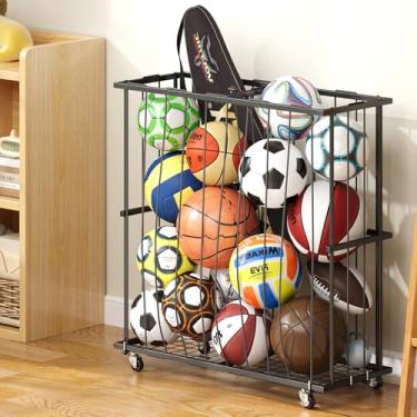 Imagem de Armazenamento de bola de garagem de grande capacidade, organizador de equipamentos esportivos de chão – Rack de bolas independente grande com corda elástica, suporte de bola para basquete, futebol