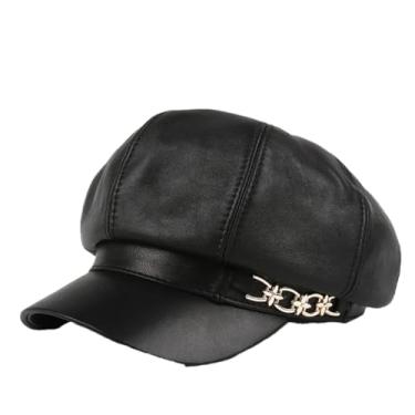 Imagem de Chapéu feminino octogonal de inverno britânico retrô boina de couro genuíno mujer flores douradas gorros preto estilo 2 59 60 cm