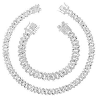 Imagem de HH BLING EMPIRE Corrente de elos cubanos de ouro 14 quilates para mulheres com diamantes gelados e elos cubanos grossos conjuntos de 2 peças, 18", Zinco, diamante sintético