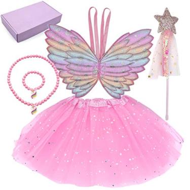 Imagem de Conjunto de 4 peças de roupas para meninas de princesa, fantasia de fada, com asas de tutu, varinha, colar e pulseira para meninas, presente perfeito para crianças