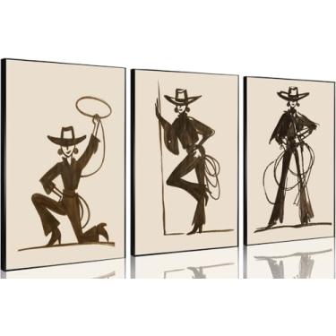 Imagem de 3 peças arte de parede vaqueira marrom mulher ocidental lona decoração de parede neutra minimalista linha moderna arte rodeio imagens ecléticas impressões pôsteres para sala de estar quarto fazenda