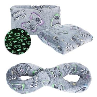 Imagem de NAPRO Conjunto infantil de cobertor e travesseiro de viagem 3 em 1, cachecol infinito conversível, suporte de pescoço leve para avião, carro e acampamento, brilha no escuro - Gamer