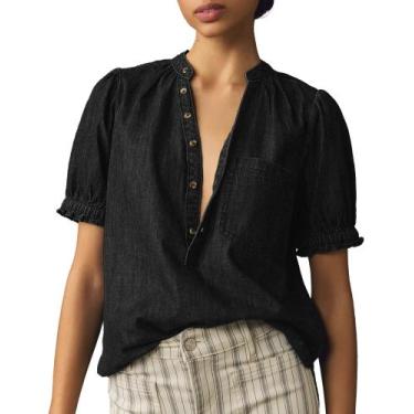 Imagem de Camisa feminina Locachy com meio botão, gola simulada, jeans, preta, G