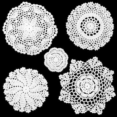 Imagem de 5 peças de toalhas de crochê de renda branca para mesas, 10,2 a 20 cm de toalha redonda vintage para decoração, porta-copos rústicos de crochê para decoração de cozinha, sala de jantar, festa