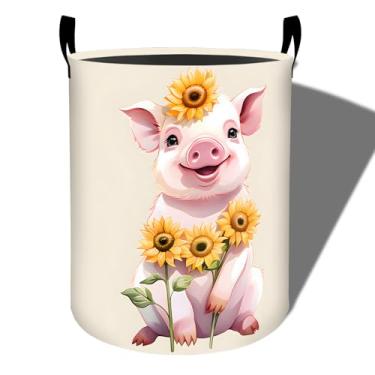 Imagem de amepay Cesto de roupa suja fofo com design de girassol, tecido Oxford dobrável, cesto de roupas sujas à prova d'água com alças, organizador de brinquedos para banheiro, quarto, dormitório, 50 x 39,9