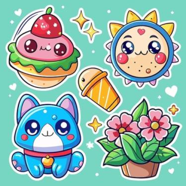 Imagem de Adesivos Kawaii fofos para decoração de quarto, cadernos e objetos infantis - Estilo mascotes e ícones coloridos 50x50cm
