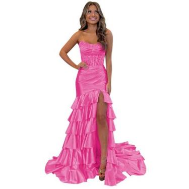 Imagem de Vestido de formatura Mollyevers Hot Pink Satin Mermaid Ruffle 2025