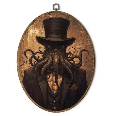Imagem de laveliabel Decoração de parede em tela oval de Cthulhu gótico, Dark Academia Halloween Cthulhu Impressões em tela emoldurada, decoração de parede oval animal gótico temperamental para casa, sala de