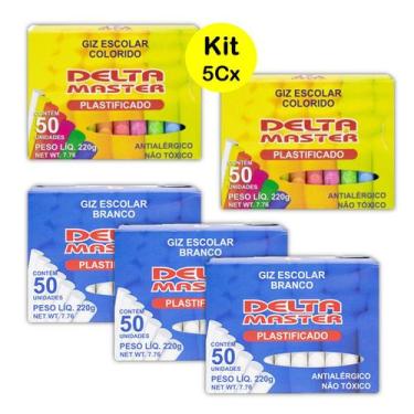 Imagem de Giz Escolar 5Cx Antialérgico Plastificado Branco e Colorido - Delta