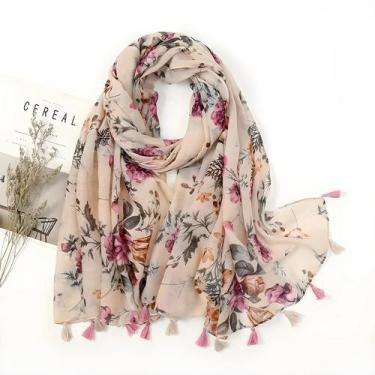 Imagem de Xale Feminino Floral 180x90cm - Algodão Viscose com Franjas - Protetor