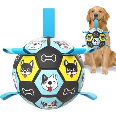 Imagem de ZestPulse Bola de futebol para cães de 18 cm com alças, bola de pastoreio para cães, brinquedo interativo para cães ao ar livre, brinquedo para buscar cães, ideal para cães médios e grandes, ótimos