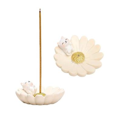 Imagem de Suporte de incenso de resina para gatos, design de flor de cerejeira com estatuetas de animais, decoração de jardim zen, acentos tranquilos para meditação e relaxamento estilo japonês