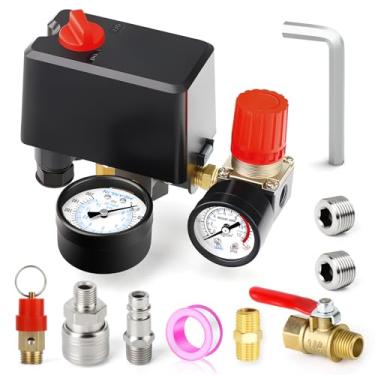 Imagem de MEANLIN MEASURE Interruptor de pressão do compressor de ar 120-150PSI 110V-240V peças de reposição de 4 vias com regulador de compressor de ar 0-200PSI e válvula de alívio de pressão de segurança